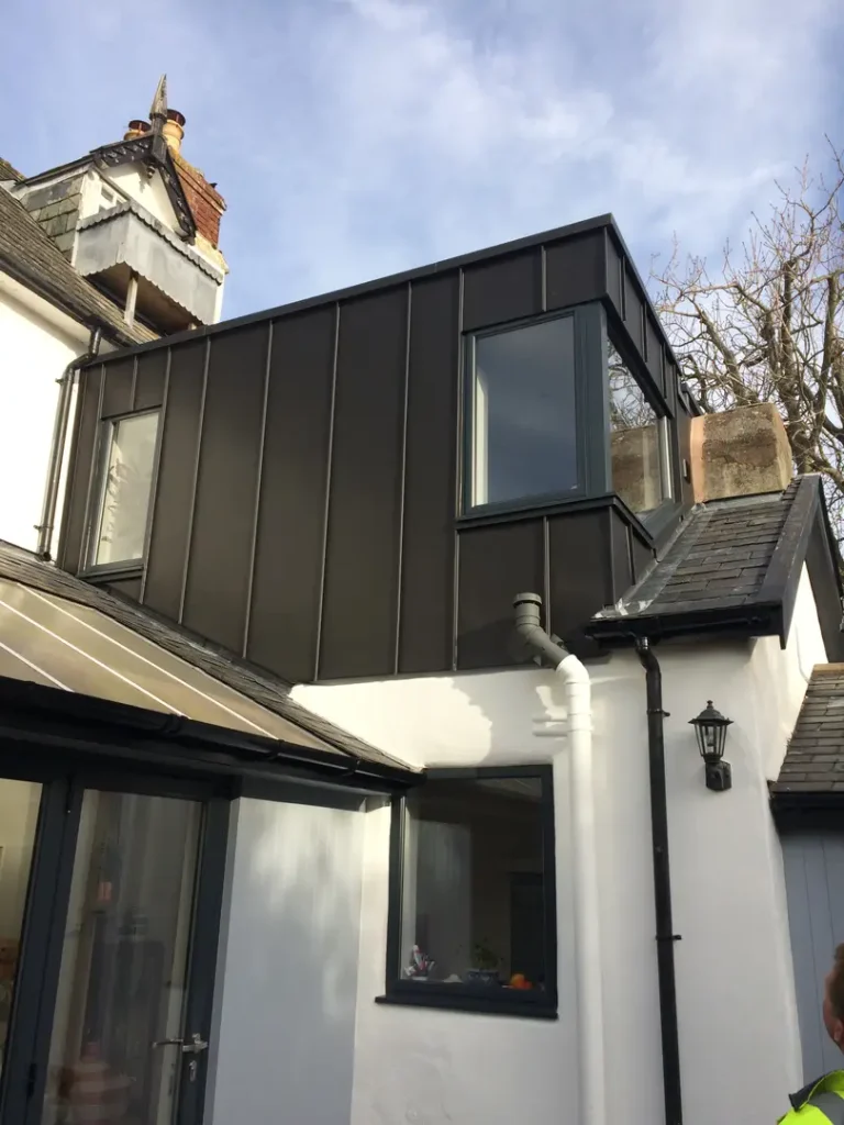 a black and white building with a window